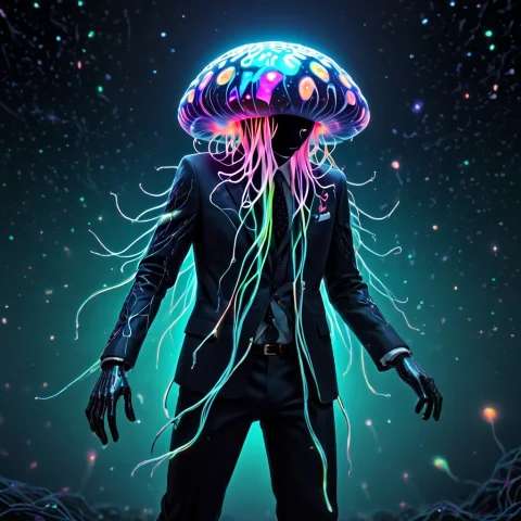 Against A Cosmic Background, Glowing Dapper Space Jelly Fish... — SDXL AI Prompt: Against a cosmic background, glowing dapper space jelly fish hat, glowing dendri...
