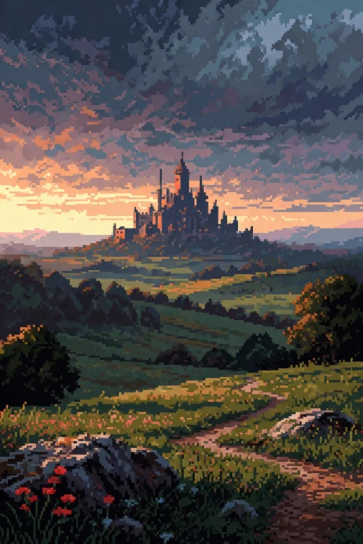 16bit Pixel Graphics Picture Of A Medieval Landscape, A Cast...