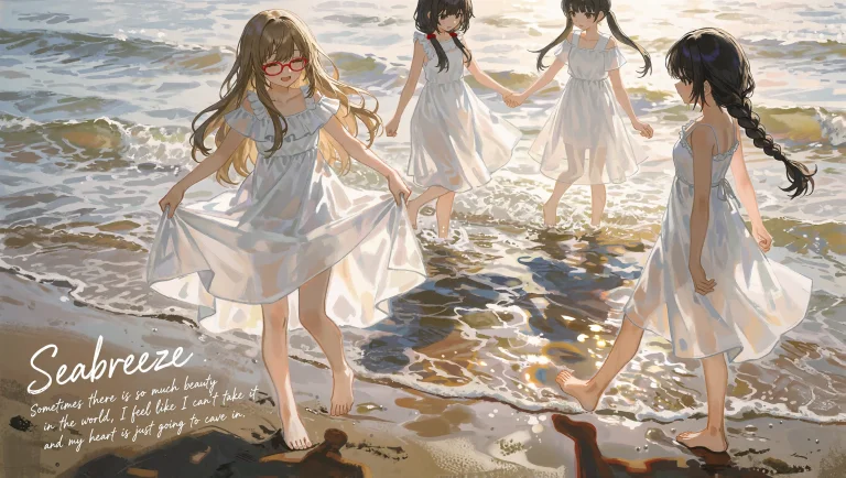 A Soft, Sunlit Seaside Scene Shows Four Girls In White Summe...