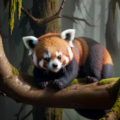 A Red Panda Curled In A Mossy Tree Fork, Cel Shading, Close-...