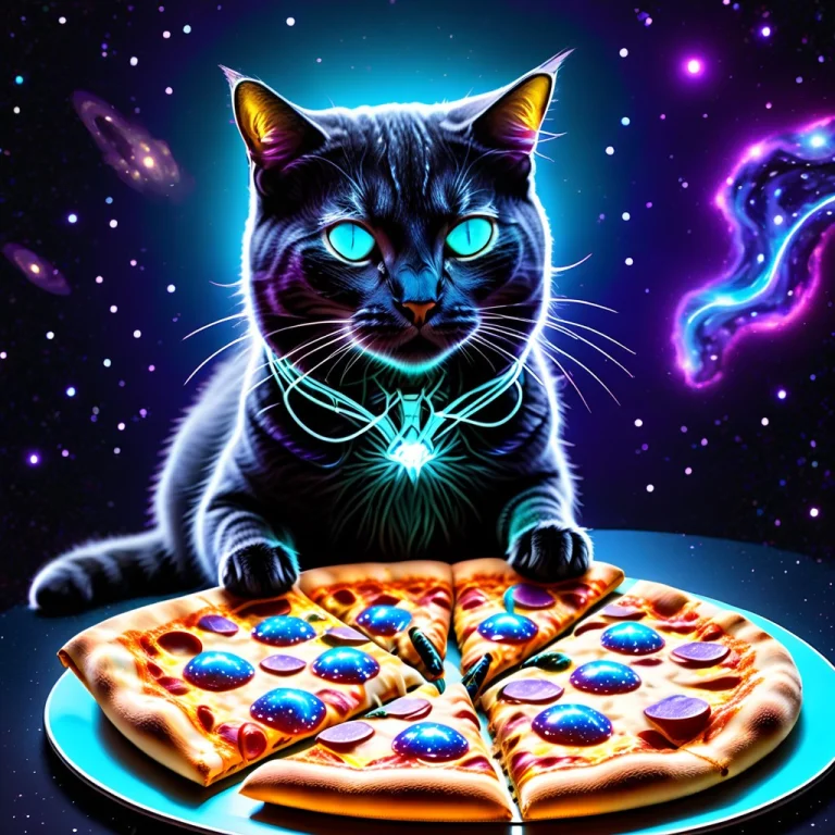 An Astronaut Cat Floating In Space Holding A Glowing Slice O...