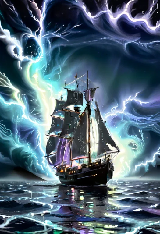 A Cinematic, Detailed Shot Of A Ghostly Old Sailing Ship Bat...