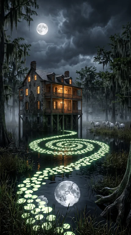 A Photorealistic Moonlit Marsh Surrounded By Cypress Trees,...