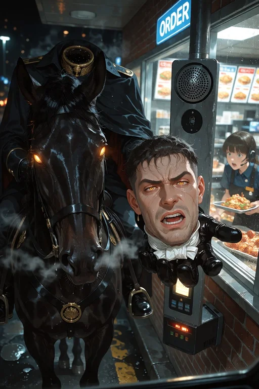 Njsw33t, A Headless Horseman On A Glossy Black Horse Stands...