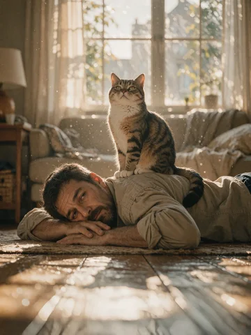 A Beautifully Composed Surreal Comedic Cinematic Scene Of A... — Stable Diffusion AI Prompt: a beautifully composed surreal comedic cinematic scene of a middle-aged man lyin...