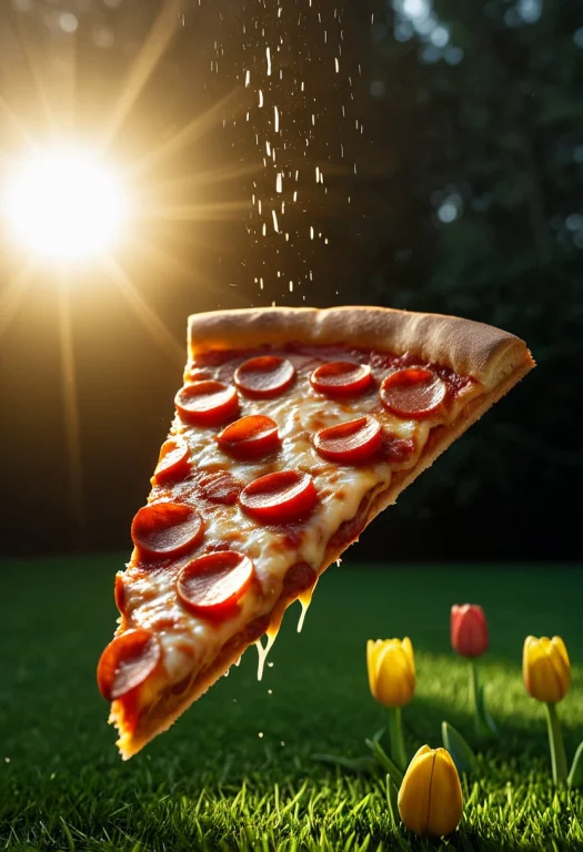 A Funny Close-up Photo Of A Single Pepperoni Pizza Slice Flo...