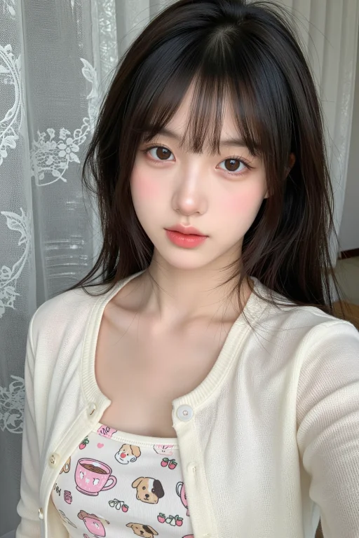 手机自拍写实人像,1位年轻东亚甜妹少女,乌黑柔顺半扎长发,两...