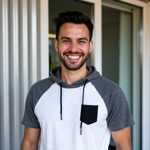 Inaki, Medium Portrait Of A Man Smiling With Teeth Showing,... — FLUX AI Prompt: Inaki, medium portrait of a man smiling with teeth showing, wearing a short-slee...