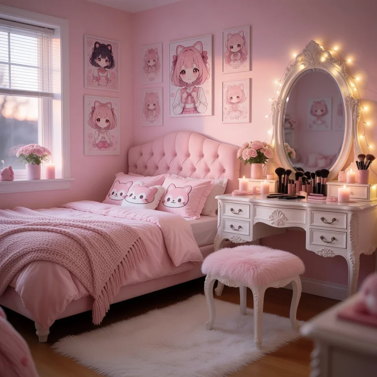 This Is A Dreamy, Ultra-chic Pink Bedroom Bathed In Soft Eve...