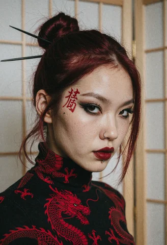This Is A Photograph Of A Woman With East Asian Features And... — Stable Diffusion AI Prompt: This is a photograph of a woman with East Asian features and a light to medium s...