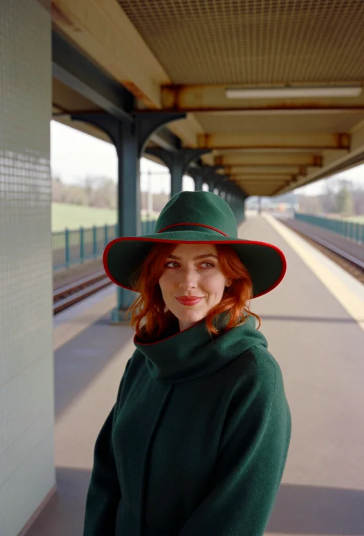 Close-up Of A Redhead Woman Wearing A Wide-brimmed Deep Emer...
