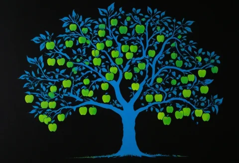 Ink Art, Blue Silhouette Of An Apple Tree With Green Apples,... — SDXL AI Prompt: ink art, blue silhouette of an apple tree with green apples, black background,