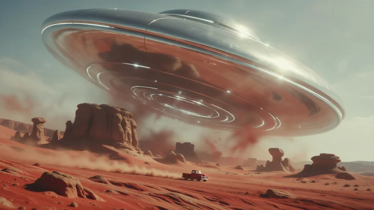 Cinematic Retro Sci-fi Scene, One Enormous Angry Silver Flyi...