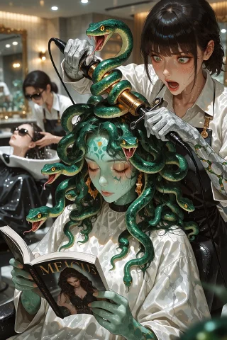 Njsw33t, A Luxurious Upscale Hair Salon, Warm Soft Light. In... — Stable Diffusion AI Prompt: @NJSW33T, A luxurious upscale hair salon, warm soft light. In the foreground, Me...