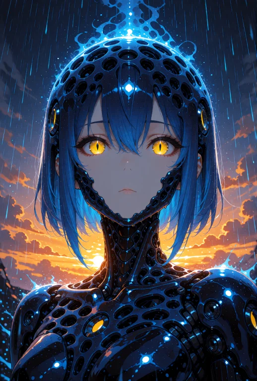 A Humanoid Cyborg Woman With Short, Straight Blue Hair And G...