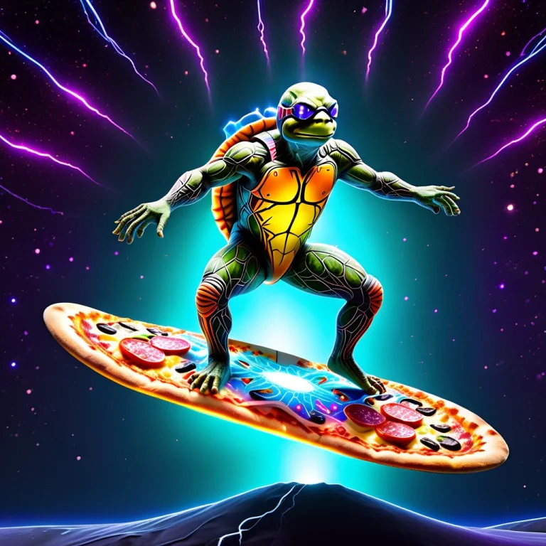 A Cosmic Ninja Turtle Warrior Surfing On A Nebula Wave Throu...