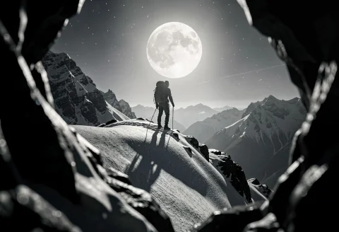 A Mountaineer Silhouetted On A Snowy Ridge, Cinema 4d Render... — Stable Diffusion AI Prompt: a mountaineer silhouetted on a snowy ridge, cinema 4d render, 8k textures, moonl...