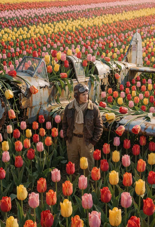 Jaynl-tm,tulips,vintage Aviator Standing Beside A Crashed Ai...