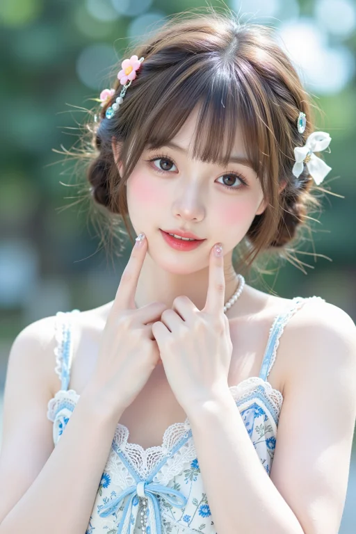 超清人像摄影，1位甜妹少女，浅棕齐刘海盘发，单侧低丸子头造型...