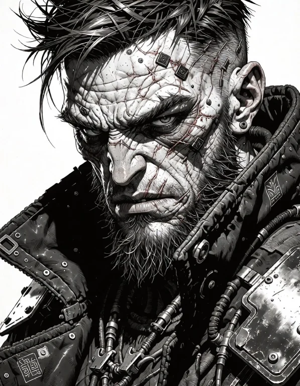 A Rugged Male Cyberpunk Warrior Shown In An Intense Close-up...