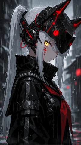 A Person With Long, Silver-white Hair In A High Ponytail, We... — Stable Diffusion AI Prompt: A person with long, silver-white hair in a high ponytail, wearing a black, armor...