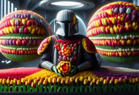 The Mandalorian, Standing In Front Of Darth Vader On The Dea... — SDXL AI Prompt: The Mandalorian, standing in front of Darth Vader on the Death Star, holding a s...