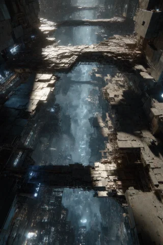 A Dramatic Overhead Shot Looking Straight Down Into A Deep F... — Stable Diffusion AI Prompt: A dramatic overhead shot looking straight down into a deep futuristic city canyo...
