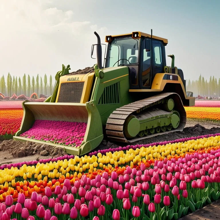 Jaynl-tm, Made Of Tulips, A Bulldozer Pushing Rubble On A De...