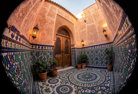 A Moroccan Riad With Intricate Mosaic Tiling, Impasto Textur... — Stable Diffusion AI Prompt: a Moroccan riad with intricate mosaic tiling, impasto texture, fisheye lens, wor...