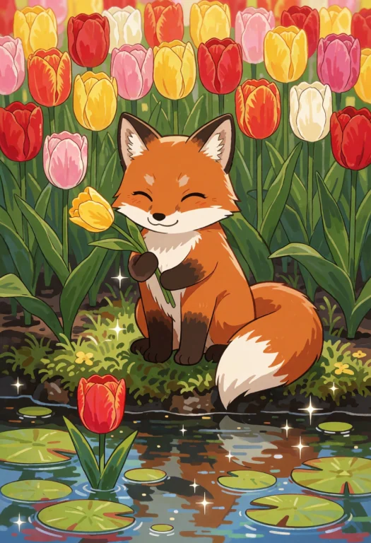 Jaynl-tm,made Of Tulips,baby Fox,in Sparkling Pond,detailed...