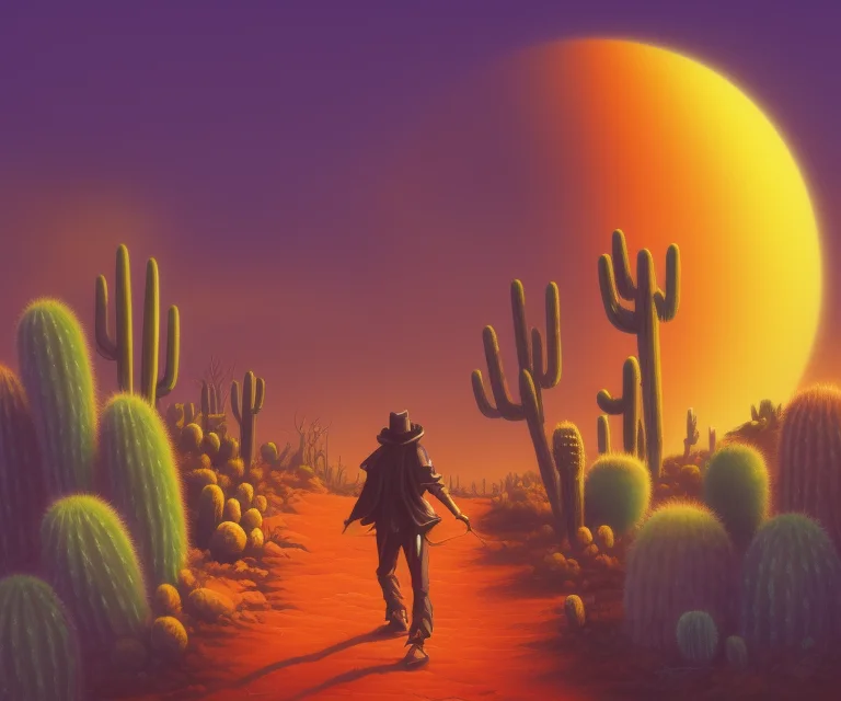 A Necromancer Walking Around A Desert, Orange Sun, Dusk, Cac...