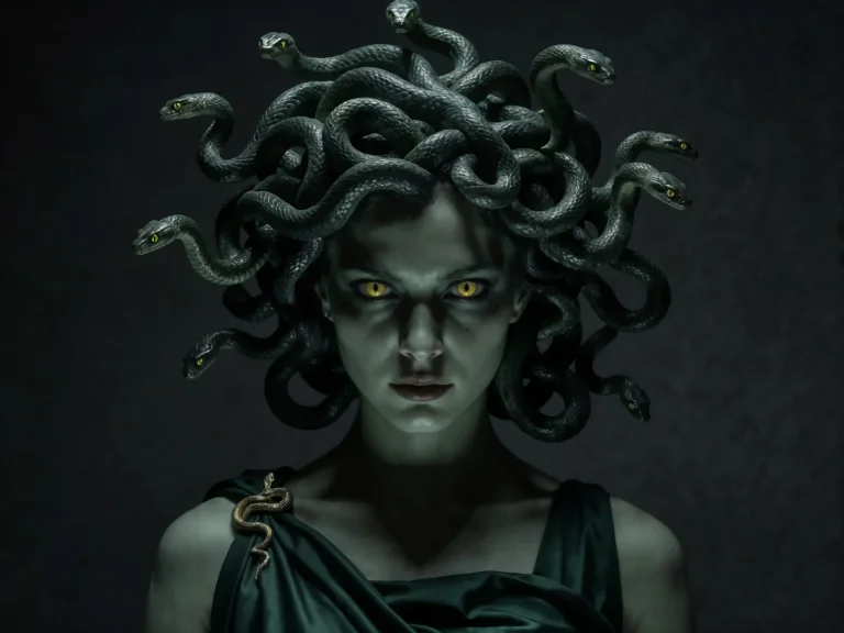 Medusa With Snake Hair Yellow Eyes Green Dress Dark Backgrou...