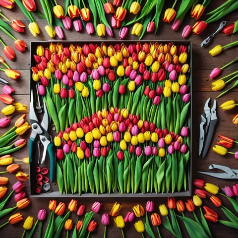 Jaynl-tm, Made Of Tulips, A Flat Lay From Directly Above Of... — SDXL AI Prompt: jaynl-tm, made of tulips, a flat lay from directly above of an open toolbox with...