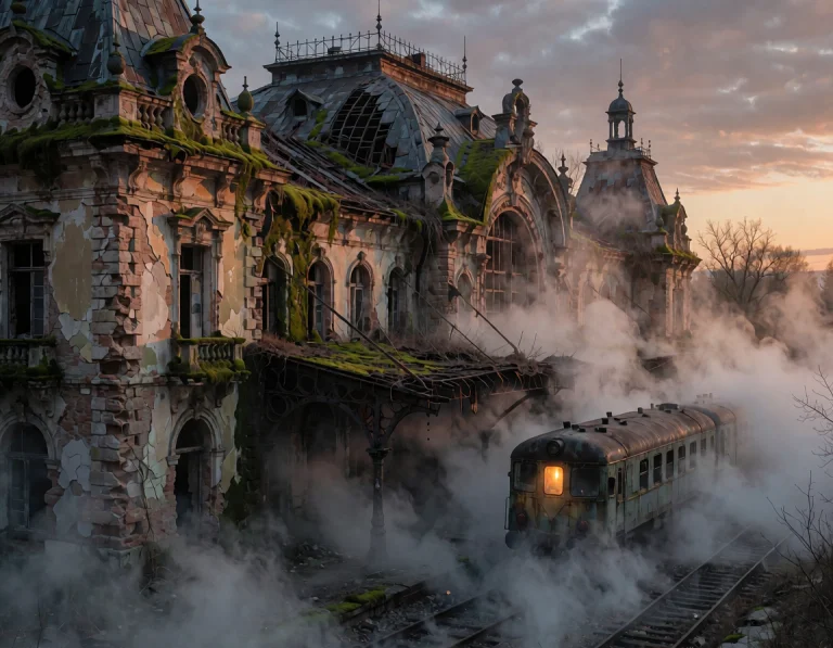 A Masterpiece, Cinematic Photograph Of A Grand, Abandoned Ra...