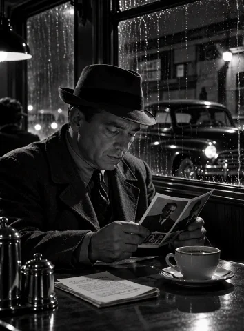 Lorakreanoirstyle1a Private Detective Sits Alone In A Nearly... — Stable Diffusion AI Prompt: A private detective sits alone in a nearly empty diner at 2 a.m., studying a pho...