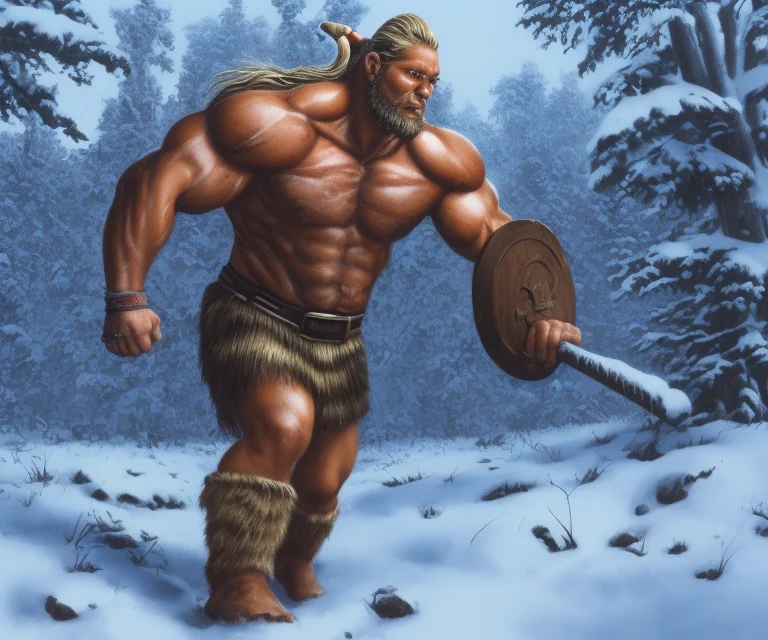 A Muscular Viking Walking Around A Snowy Forest, Closeup On...