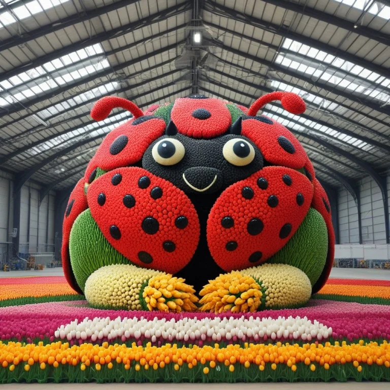 Jaynl-tm, A Giant Ladybug, Made Of Tulips, Inside A Hangar