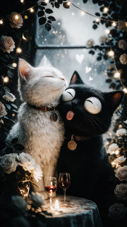 A Romantic And Humorous Scene Of Two Cats An Elegant Slender...
