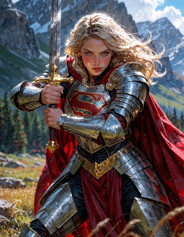 Supergirl In Plate Armor, Long Blonde Hair Flowing In The Wi...