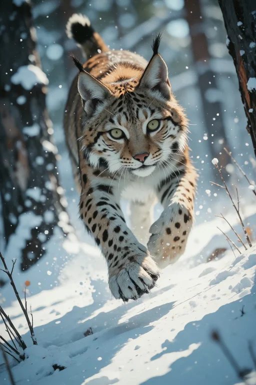 Nature, A Eurasian Lynx Bounding Across A Snowy Norwegian Fo...