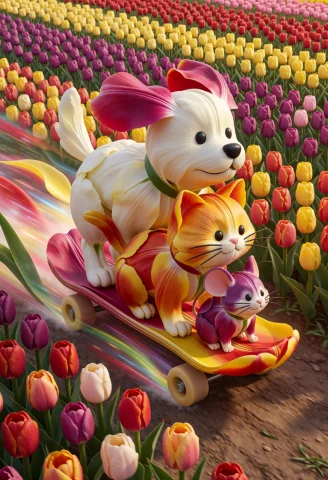 Jaynl-tm,made Of Tulips,a Dog,a Cat And A Mouse All Riding T... — Stable Diffusion AI Prompt: jaynl-tm,made of tulips,a dog,a cat and a mouse all riding together on a skatebo...