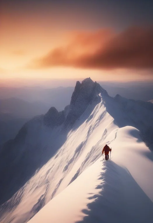 A Mountaineer Silhouetted On A Snowy Ridge, Octane Render, H...