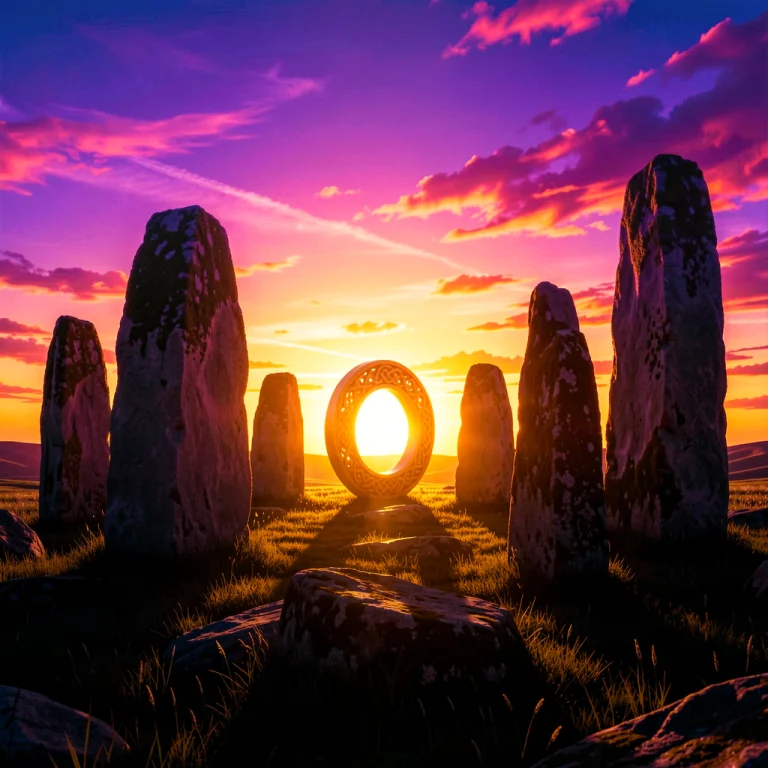 A Celtic Ring Of Standing Stones At Dawn, Backlit Silhouette...