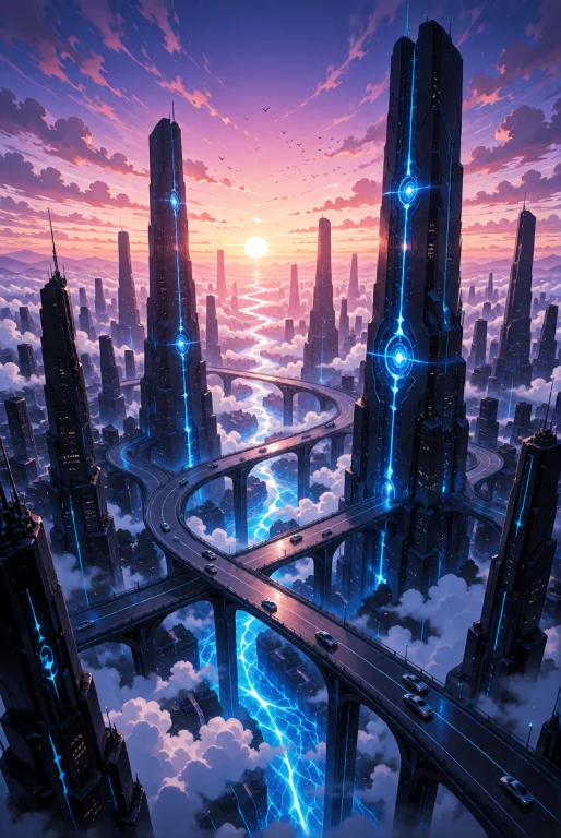 A Breathtaking Futuristic Cityscape Featuring Colossal, Dark...