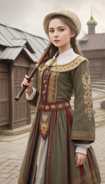 Russian Russian National Costume, Young Girl Holding A Pipe...