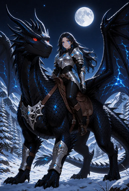 A Human Female Dragon Rider With Long Wavy Black Hair, Strik...