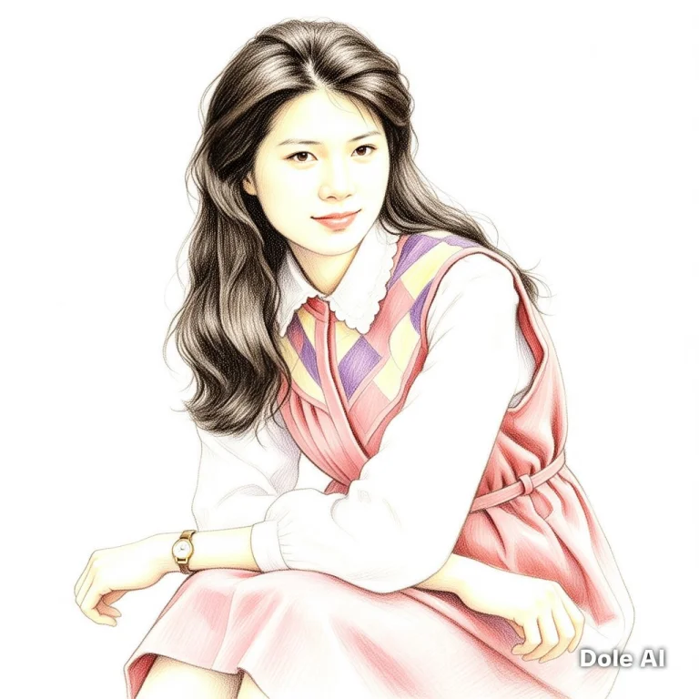 This Is A Detailed, Colored Pencil Drawing Of A Young Asian...