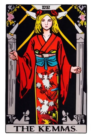 Tarot Card, The Girl In A Red Kimono — Stable Diffusion AI Prompt: tarot card, the girl in a red kimono