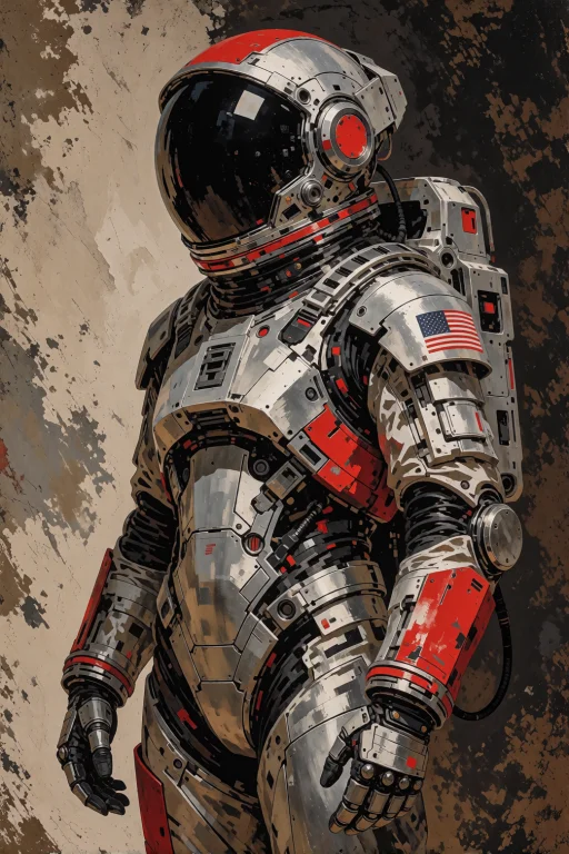 A Futuristic Astronaut Stands Prominently In A Metallic Silv...