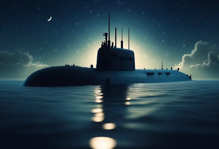 A Submarine Surfacing In A Moonlit Bay, Clay Render, Backlit...